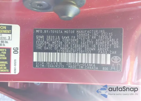 2015 Toyota Corolla Le from USA, damaged, VIN 2T1BURHE9FC391133